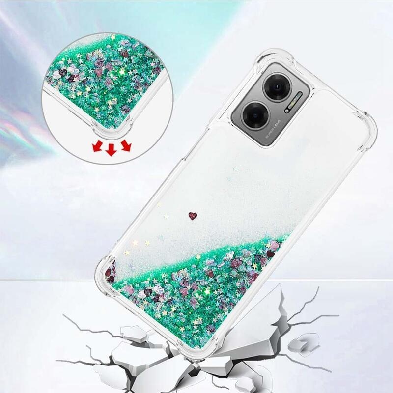 Glitter gélový presýpací obal na mobil Xiaomi Redmi 10 5G - zelený/srdiečka