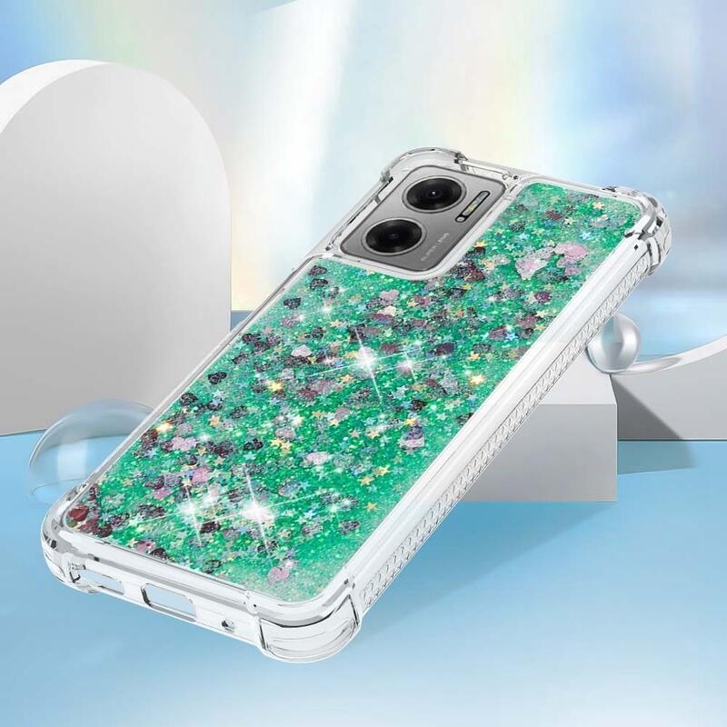 Glitter gélový presýpací obal na mobil Xiaomi Redmi 10 5G - zelený/srdiečka