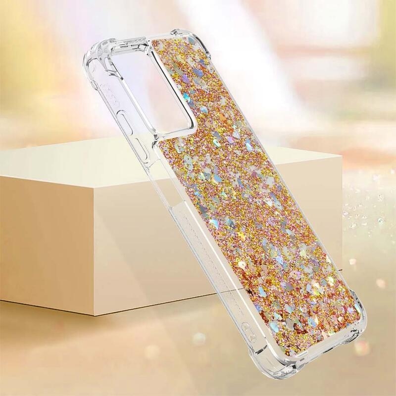 Glitter gélový presýpací obal na mobil Xiaomi Redmi 10 5G - zlatý/srdiečka