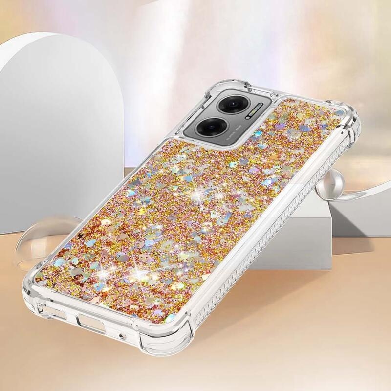 Glitter gélový presýpací obal na mobil Xiaomi Redmi 10 5G - zlatý/srdiečka