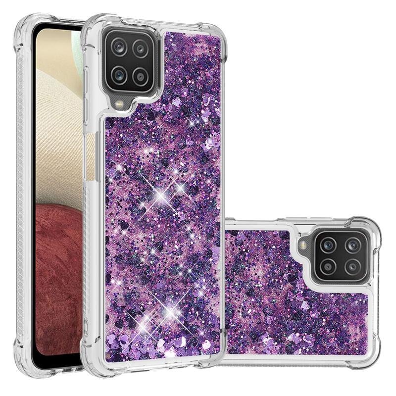 Glitter presýpacie gélový obal na mobil Samsung Galaxy A12/M12 - tmavofialový/srdiečka