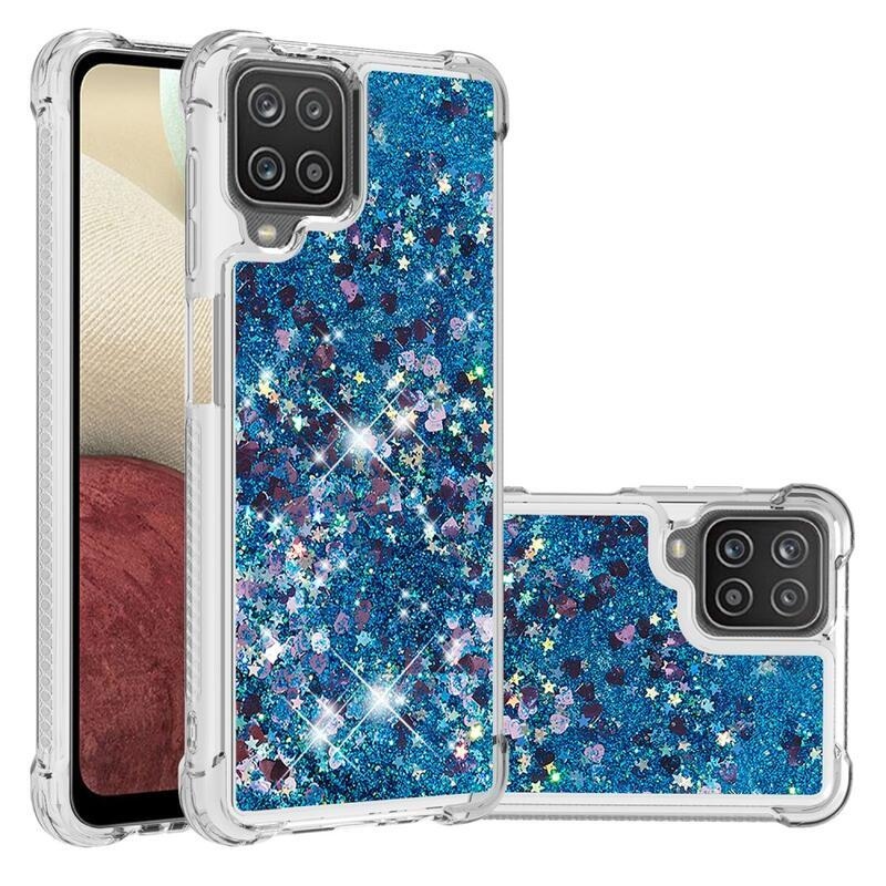 Glitter presýpacie gélový obal na mobil Samsung Galaxy A12/M12 - modrý/srdiečka