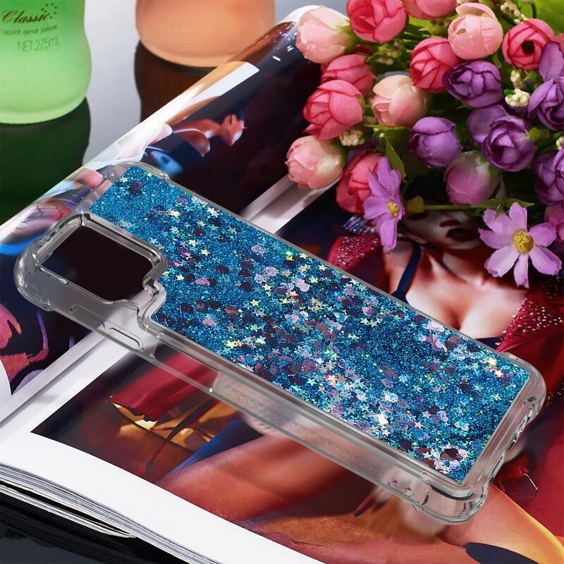 Glitter presýpacie gélový obal na mobil Samsung Galaxy A12/M12 - modrý/srdiečka