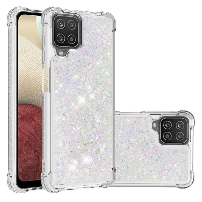 Glitter presýpacie gélový obal na mobil Samsung Galaxy A12/M12 - ružovostrieborný/srdiečka