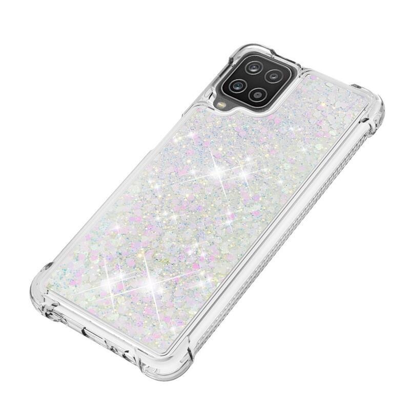 Glitter presýpacie gélový obal na mobil Samsung Galaxy A12/M12 - ružovostrieborný/srdiečka