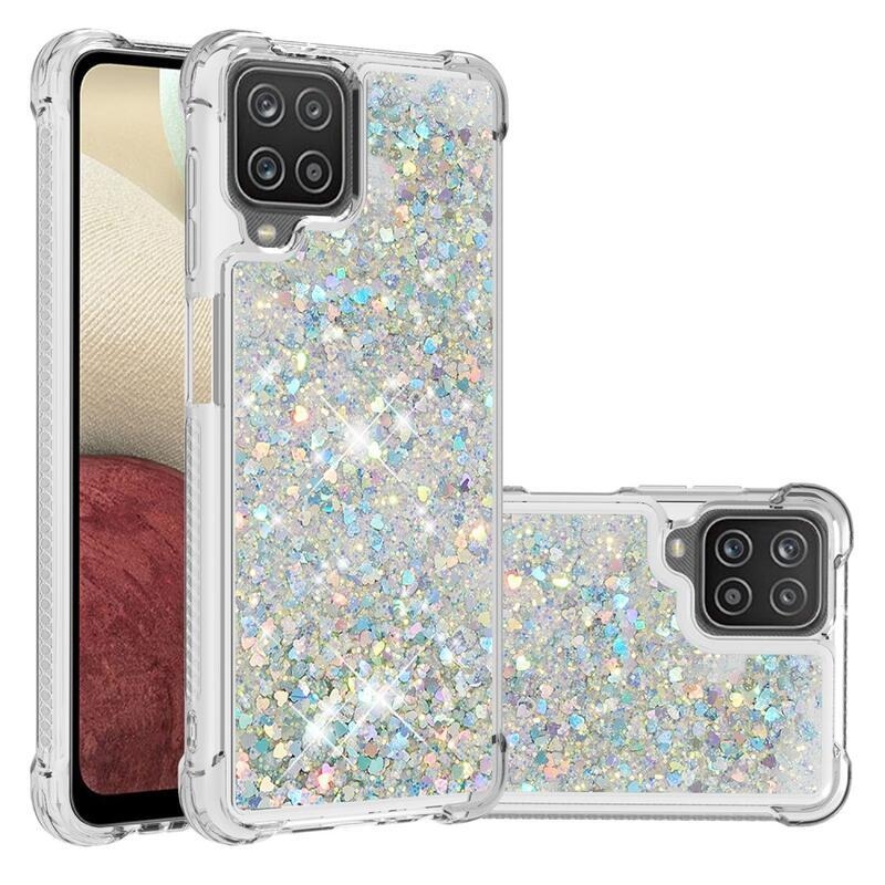 Glitter presýpacie gélový obal na mobil Samsung Galaxy A12/M12 - strieborný/srdiečka