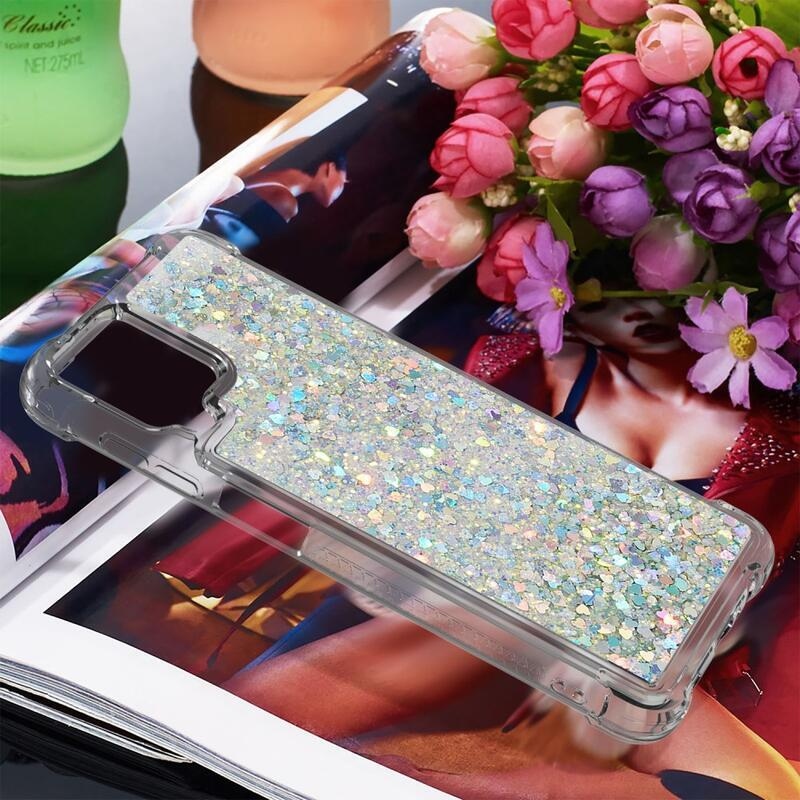 Glitter presýpacie gélový obal na mobil Samsung Galaxy A12/M12 - strieborný/srdiečka