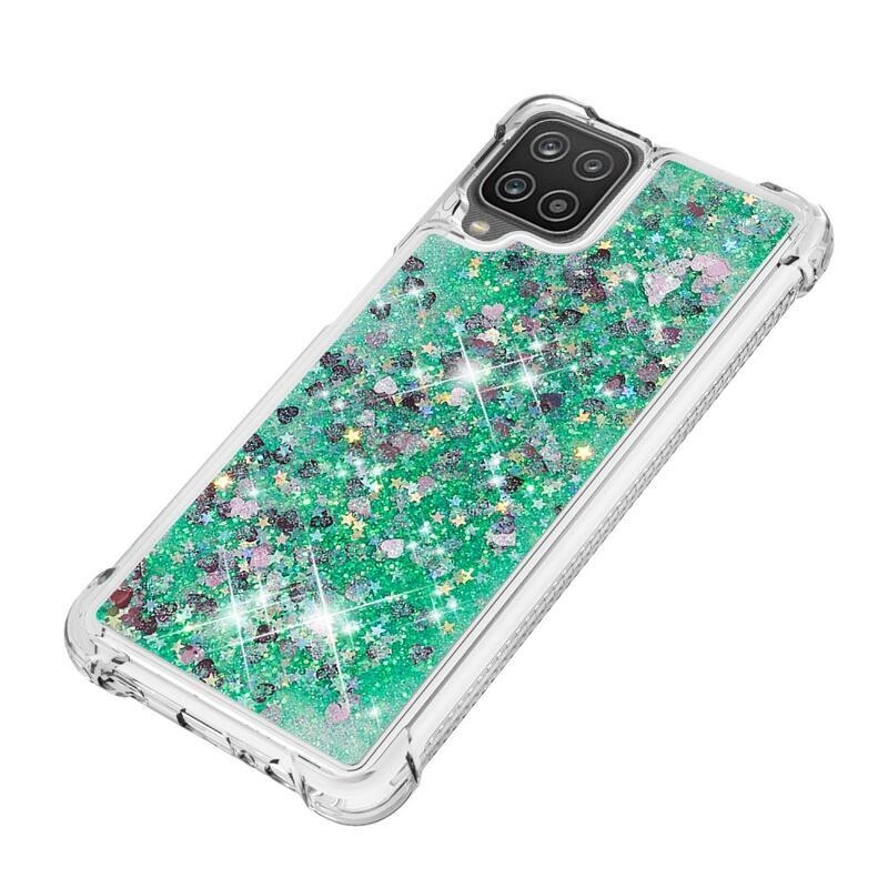 Glitter presýpacie gélový obal na mobil Samsung Galaxy A12/M12 - zelený/srdiečka