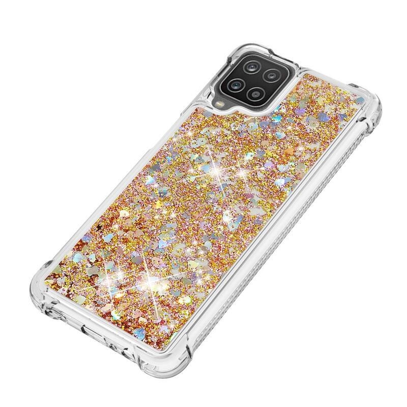 Glitter presýpacie gélový obal na mobil Samsung Galaxy A12/M12 - zlatý/srdiečka