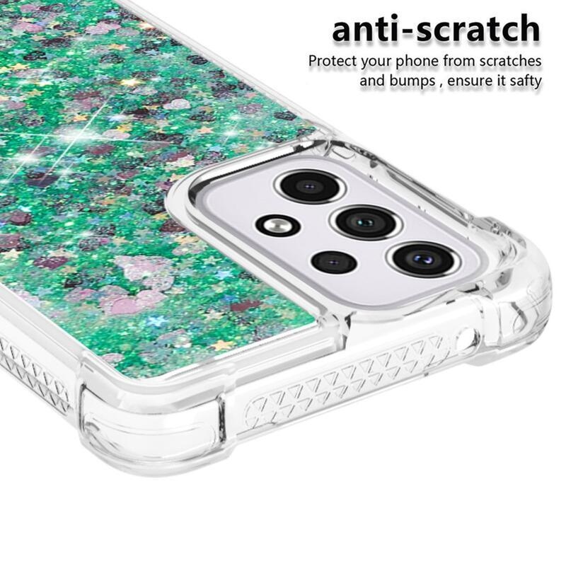 Glitter presýpacie gélový obal na mobil Samsung Galaxy A33 5G - zelený/srdiečka