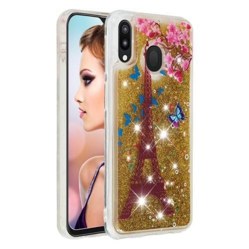 Glitter presýpacie gélový obal na mobil Samsung Galaxy M20 - Eiffelova veža