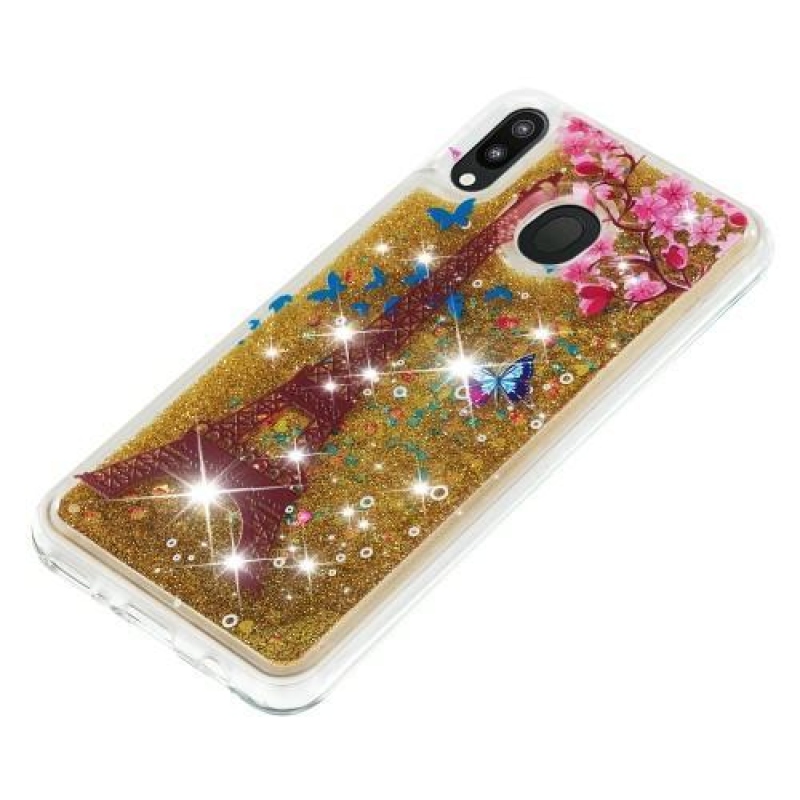 Glitter presýpacie gélový obal na mobil Samsung Galaxy M20 - Eiffelova veža