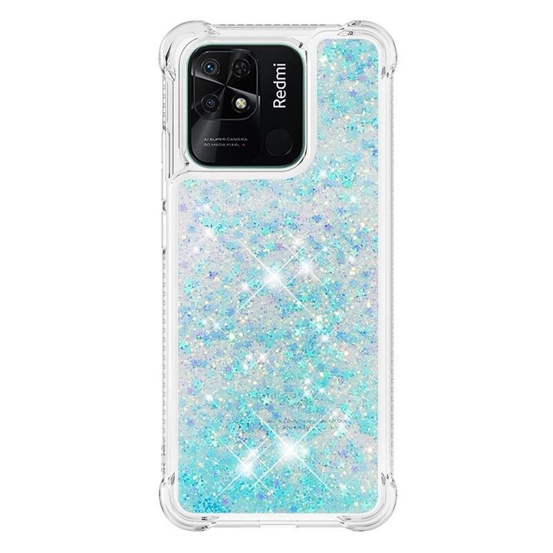 Glitter presýpacie gélový obal na mobil Xiaomi Redmi 10C - modrý/hviezdičky