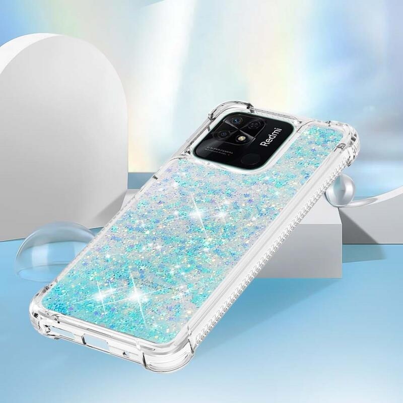 Glitter presýpacie gélový obal na mobil Xiaomi Redmi 10C - modrý/hviezdičky