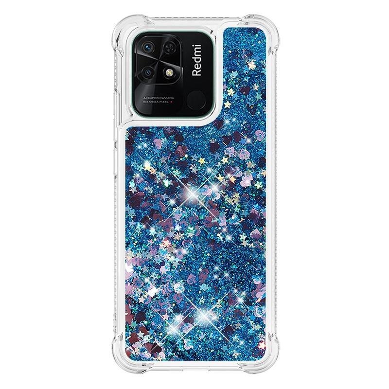 Glitter presýpacie gélový obal na mobil Xiaomi Redmi 10C - modrý/srdiečka