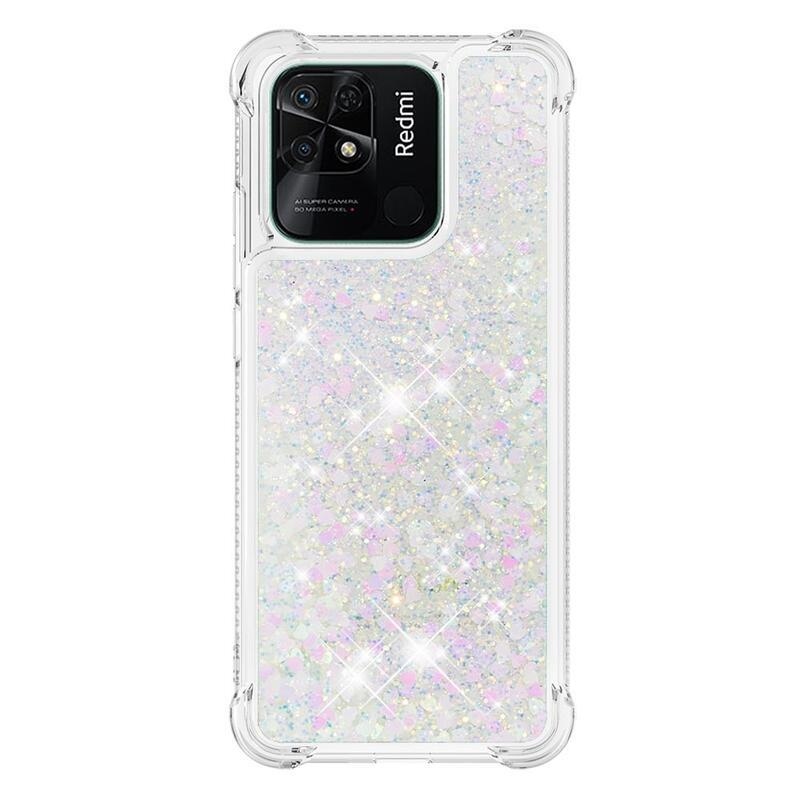 Glitter presýpacie gélový obal na mobil Xiaomi Redmi 10C - ružovo strieborný/srdiečka