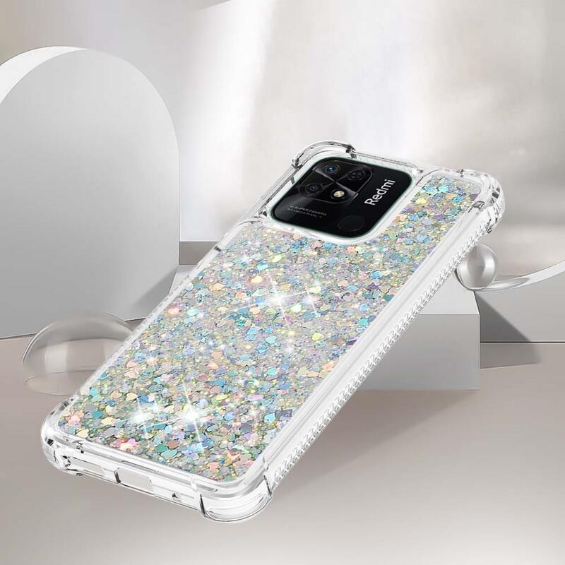 Glitter presýpacie gélový obal na mobil Xiaomi Redmi 10C - strieborný/srdiečka