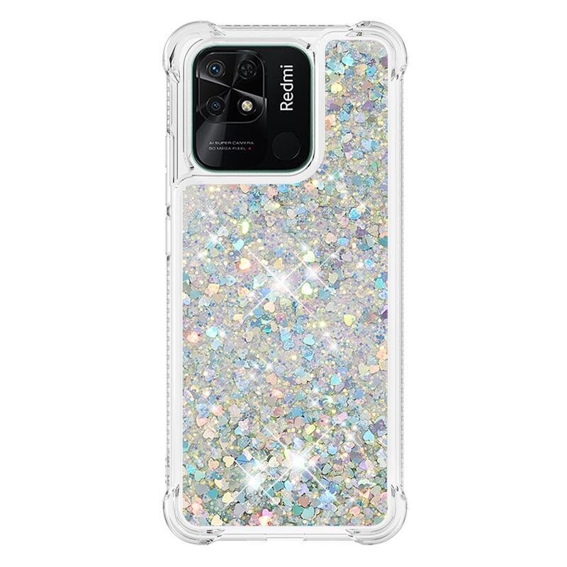 Glitter presýpacie gélový obal na mobil Xiaomi Redmi 10C - strieborný/srdiečka