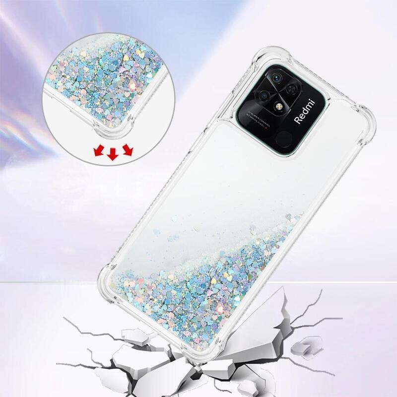 Glitter presýpacie gélový obal na mobil Xiaomi Redmi 10C - strieborný/srdiečka