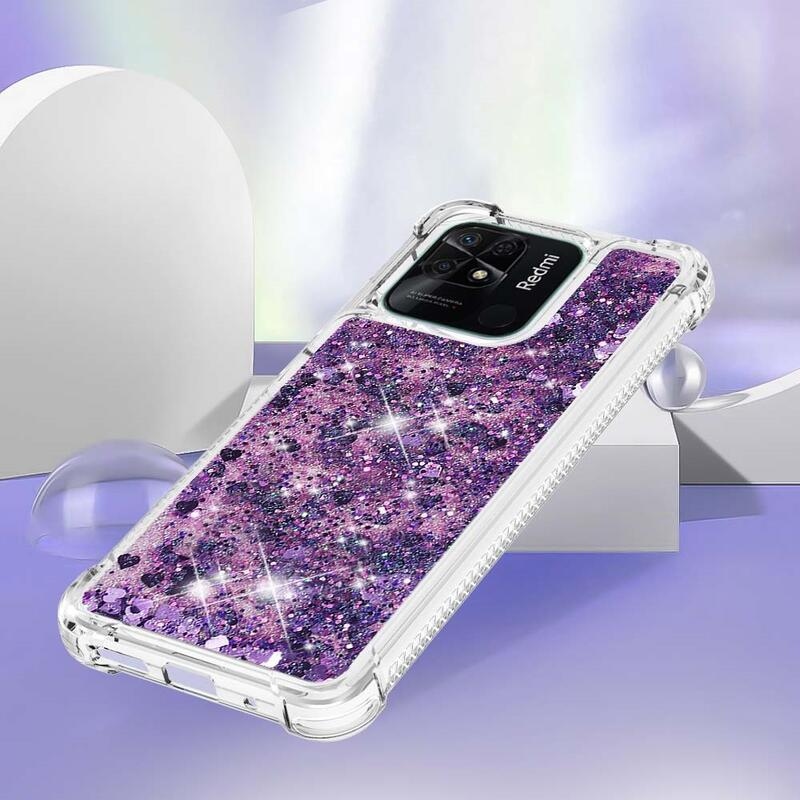 Glitter presýpacie gélový obal na mobil Xiaomi Redmi 10C - tmavofialový/srdiečka