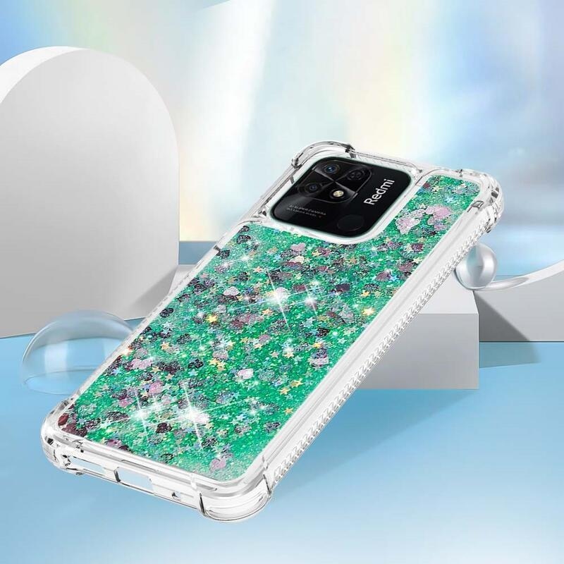 Glitter presýpacie gélový obal na mobil Xiaomi Redmi 10C - zelený/srdiečka