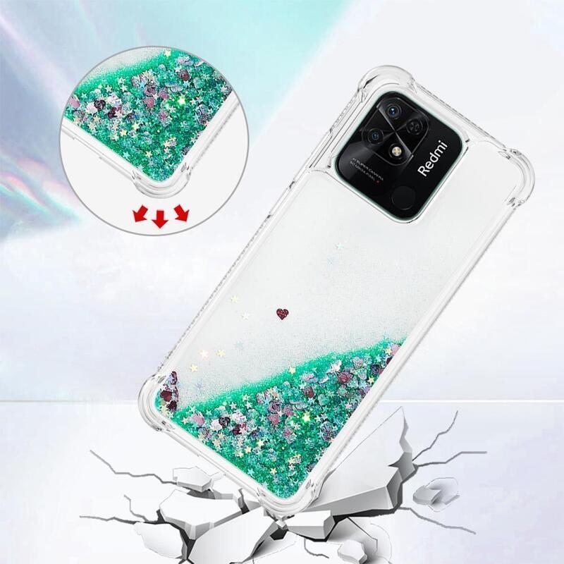 Glitter presýpacie gélový obal na mobil Xiaomi Redmi 10C - zelený/srdiečka