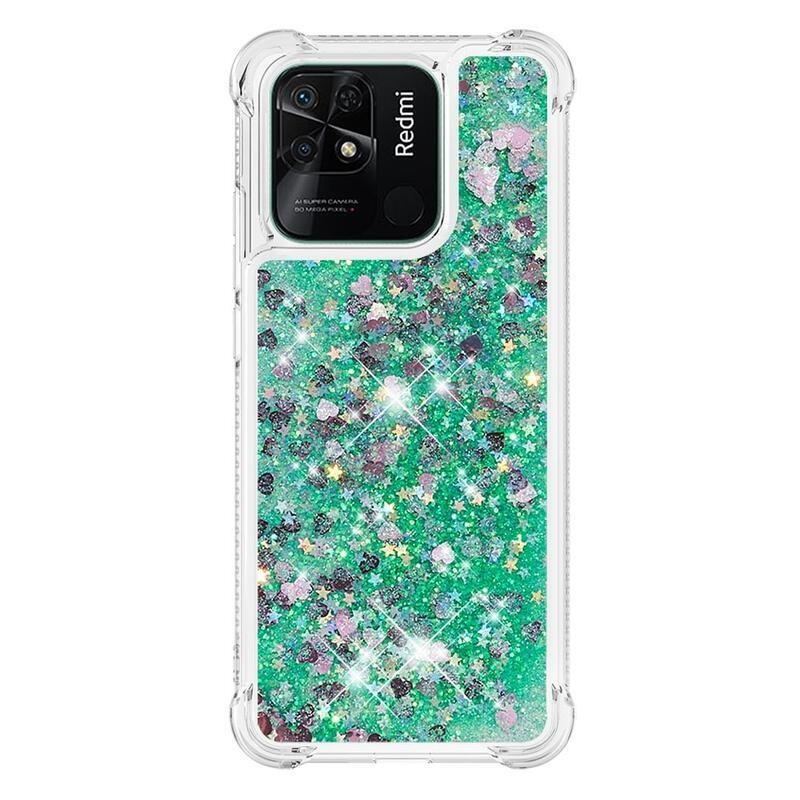 Glitter presýpacie gélový obal na mobil Xiaomi Redmi 10C - zelený/srdiečka