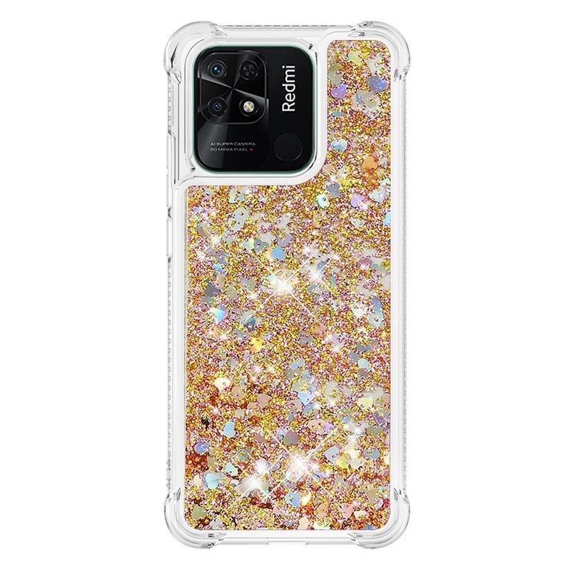 Glitter presýpacie gélový obal na mobil Xiaomi Redmi 10C - zlatý/srdiečka