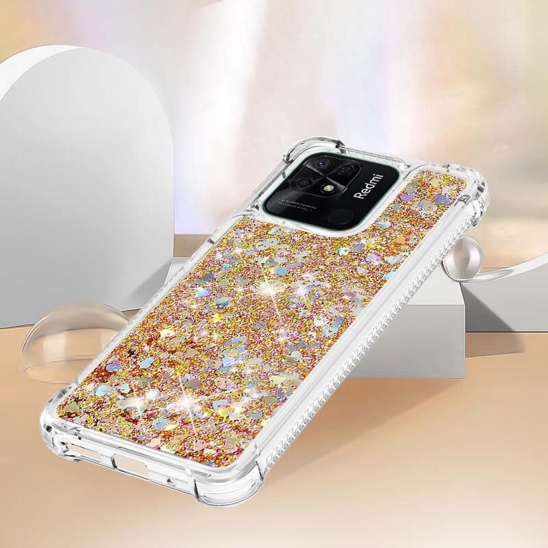 Glitter presýpacie gélový obal na mobil Xiaomi Redmi 10C - zlatý/srdiečka