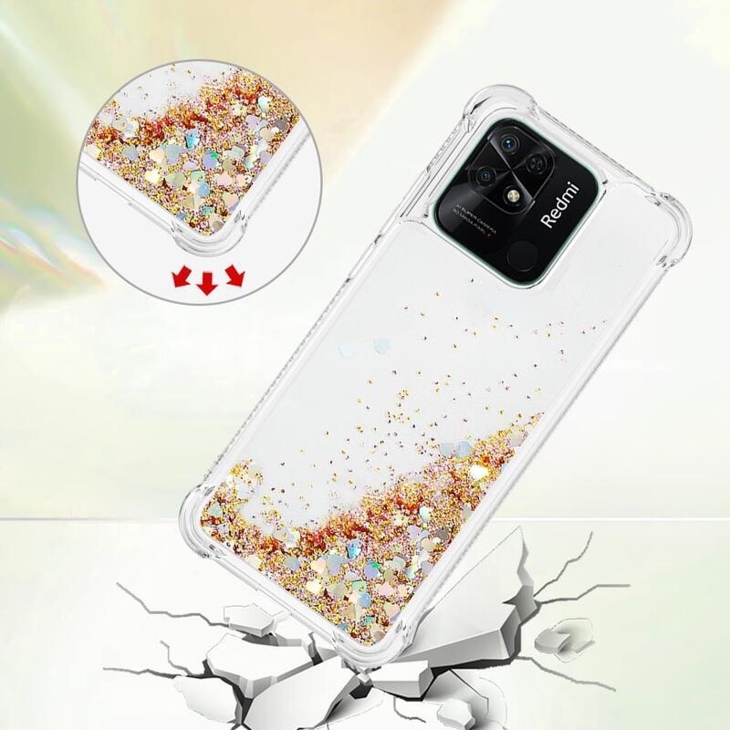 Glitter presýpacie gélový obal na mobil Xiaomi Redmi 10C - zlatý/srdiečka