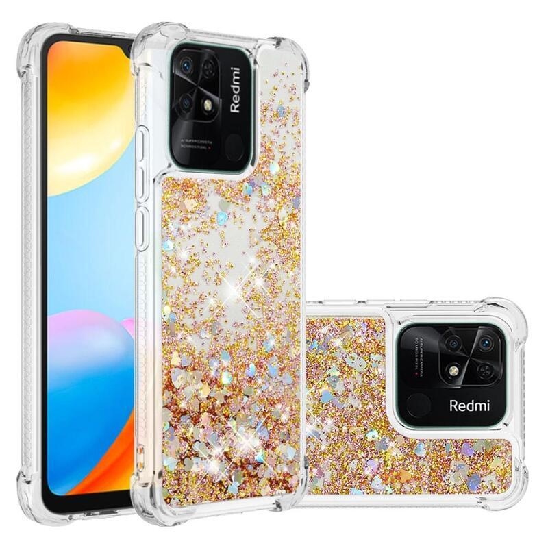 Glitter presýpacie gélový obal na mobil Xiaomi Redmi 10C - zlatý/srdiečka