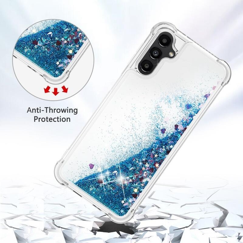 Glitter presýpací gélový obal na Samsung Galaxy A14 4G/5G - modrý/srdiečka