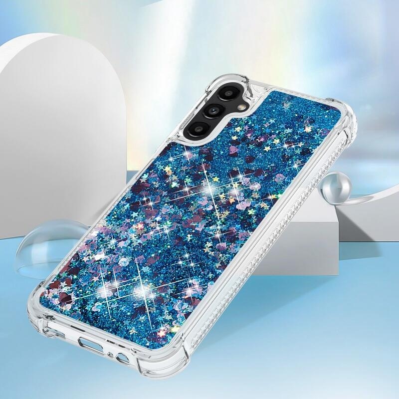 Glitter presýpací gélový obal na Samsung Galaxy A14 4G/5G - modrý/srdiečka