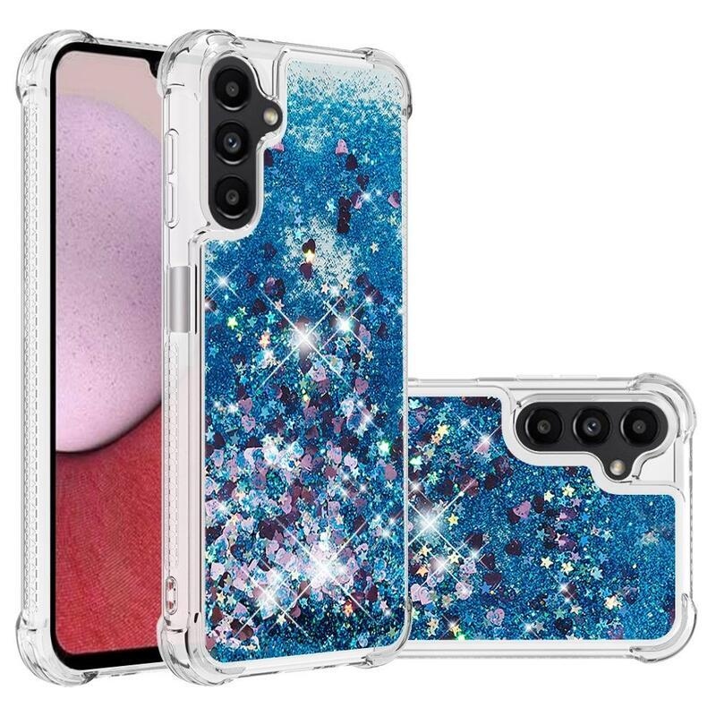 Glitter presýpací gélový obal na Samsung Galaxy A14 4G/5G - modrý/srdiečka