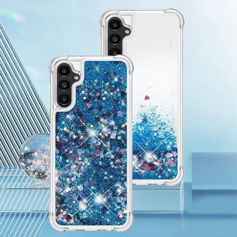 Glitter presýpací gélový obal na Samsung Galaxy A14 4G/5G - modrý/srdiečka