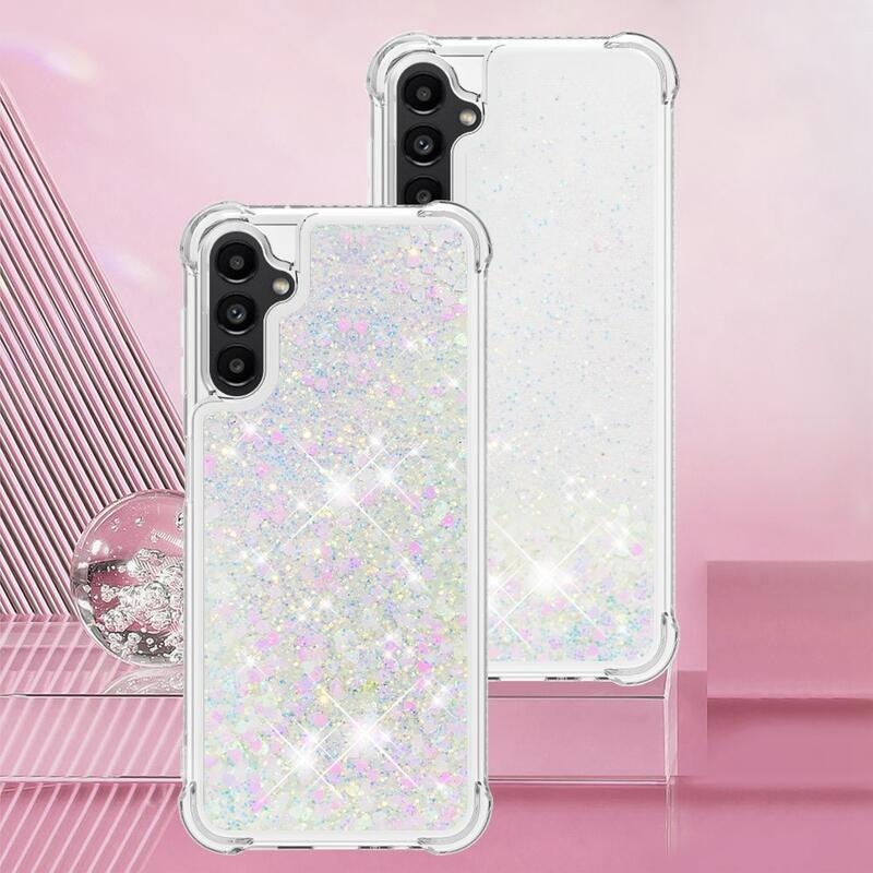 Glitter presýpací gélový obal na Samsung Galaxy A14 4G/5G - ružovo strieborný/srdiečka