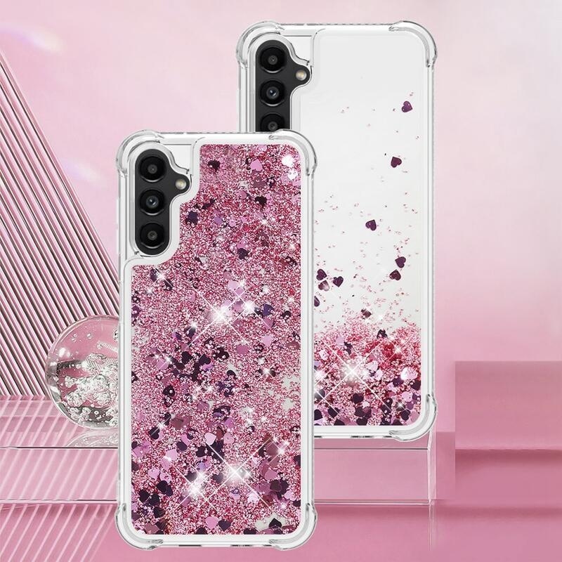 Glitter presýpací gélový obal na Samsung Galaxy A14 4G/5G - ružovozlatý/srdiečka