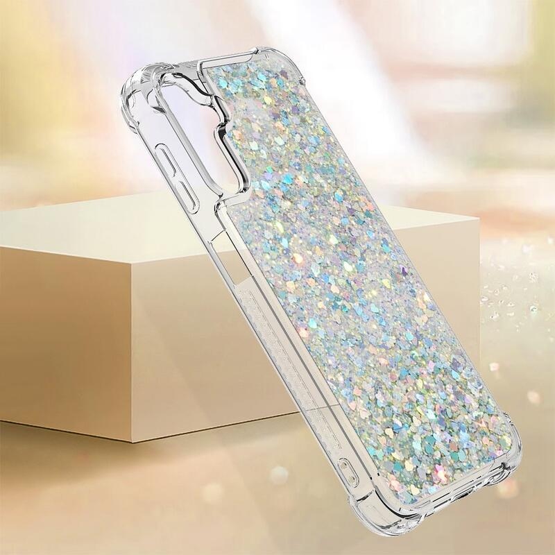 Glitter presýpacie gélový obal na Samsung Galaxy A14 4G/5G - strieborný/srdiečka