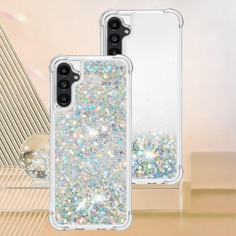 Glitter presýpacie gélový obal na Samsung Galaxy A14 4G/5G - strieborný/srdiečka