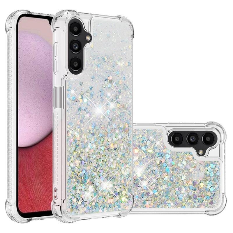 Glitter presýpacie gélový obal na Samsung Galaxy A14 4G/5G - strieborný/srdiečka