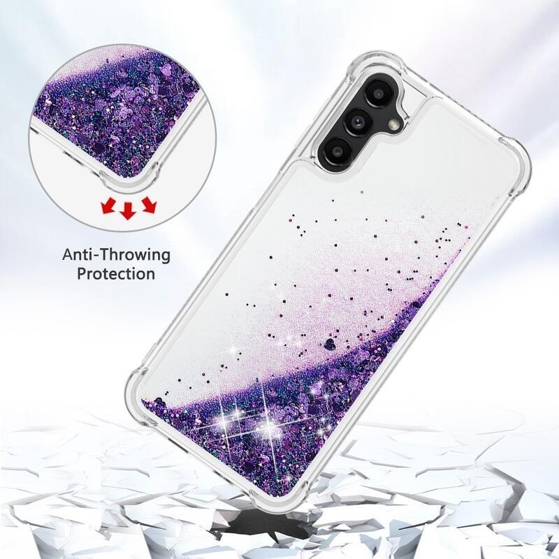 Glitter presýpací gélový obal na Samsung Galaxy A14 4G/5G - tmavofialový/srdiečka