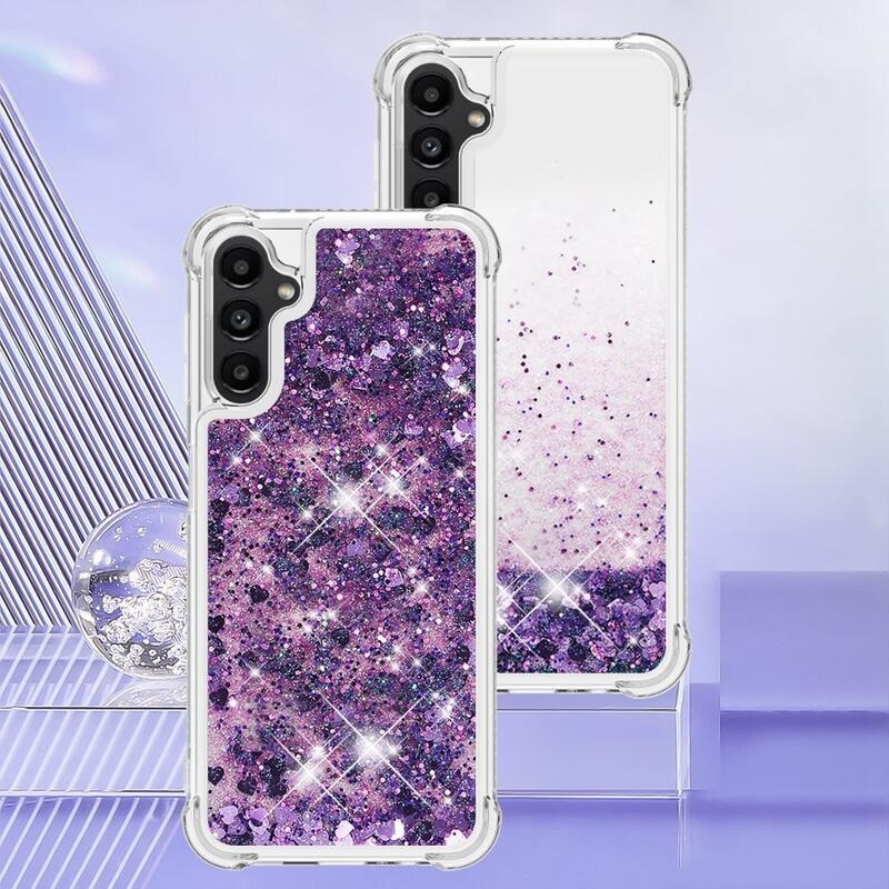 Glitter presýpací gélový obal na Samsung Galaxy A14 4G/5G - tmavofialový/srdiečka