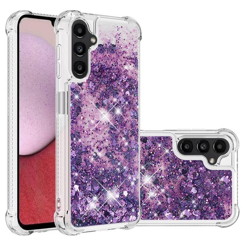 Glitter presýpací gélový obal na Samsung Galaxy A14 4G/5G - tmavofialový/srdiečka