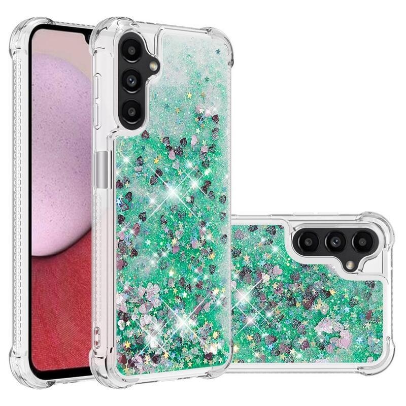 Glitter presýpací gélový obal na Samsung Galaxy A14 4G/5G - zelený/srdiečka