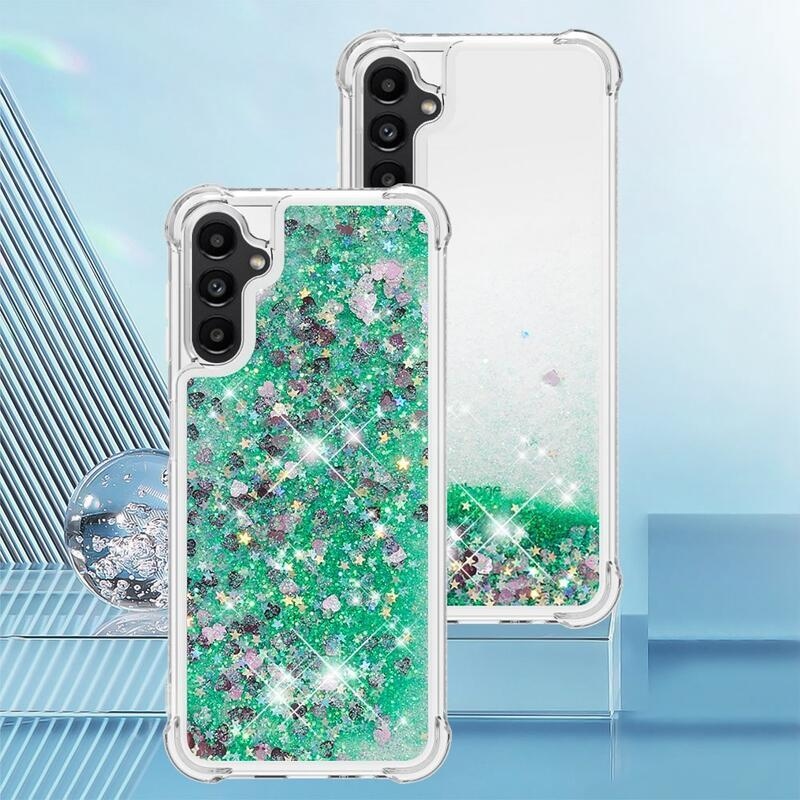 Glitter presýpací gélový obal na Samsung Galaxy A14 4G/5G - zelený/srdiečka