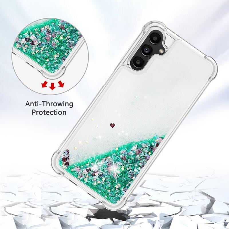 Glitter presýpací gélový obal na Samsung Galaxy A14 4G/5G - zelený/srdiečka