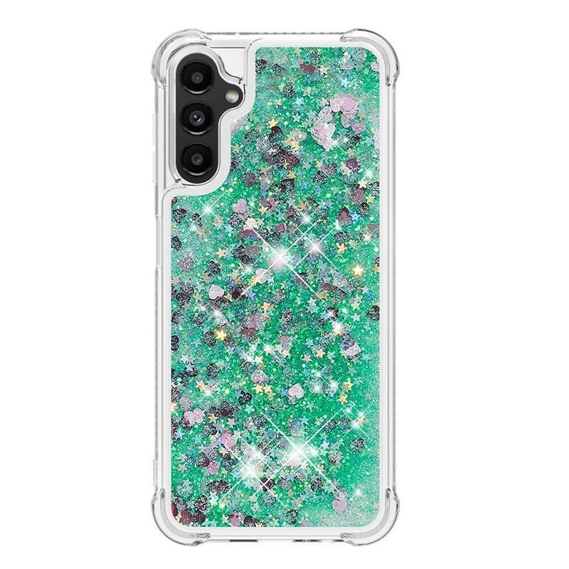 Glitter presýpací gélový obal na Samsung Galaxy A14 4G/5G - zelený/srdiečka