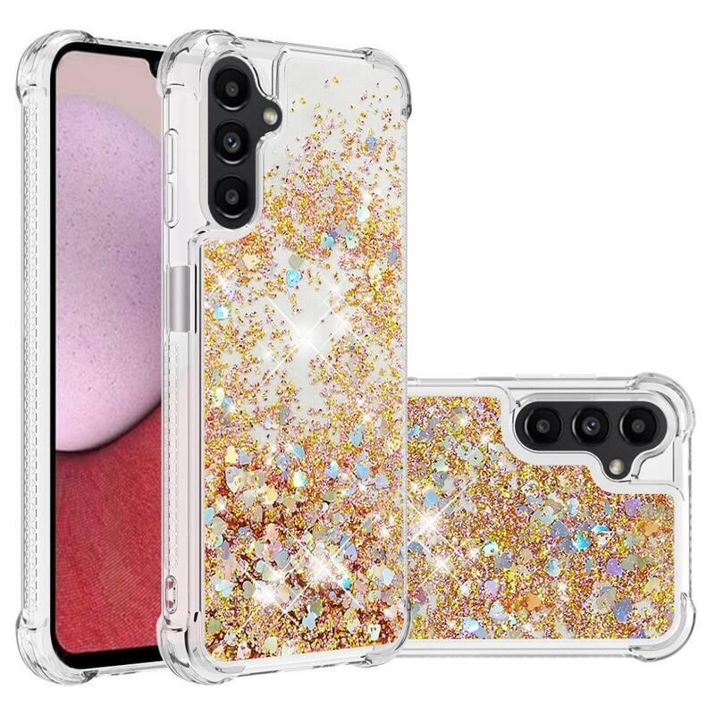 Glitter presýpací gélový obal na Samsung Galaxy A14 4G/5G - zlatý/srdiečka