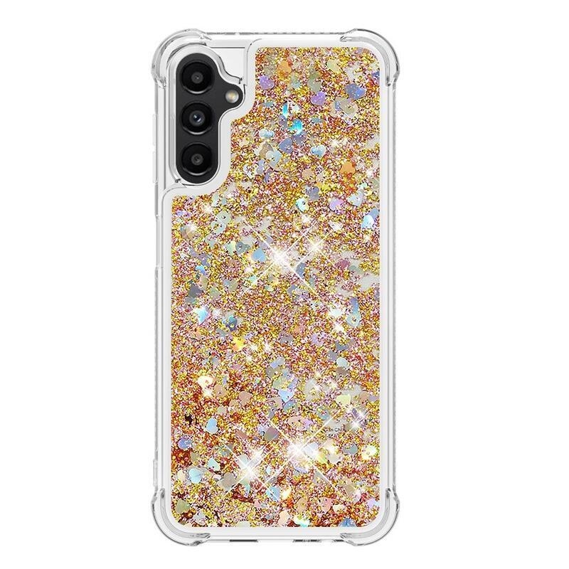 Glitter presýpací gélový obal na Samsung Galaxy A14 4G/5G - zlatý/srdiečka