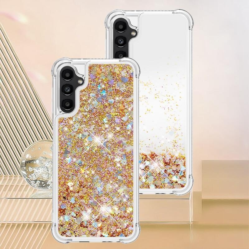 Glitter presýpací gélový obal na Samsung Galaxy A14 4G/5G - zlatý/srdiečka